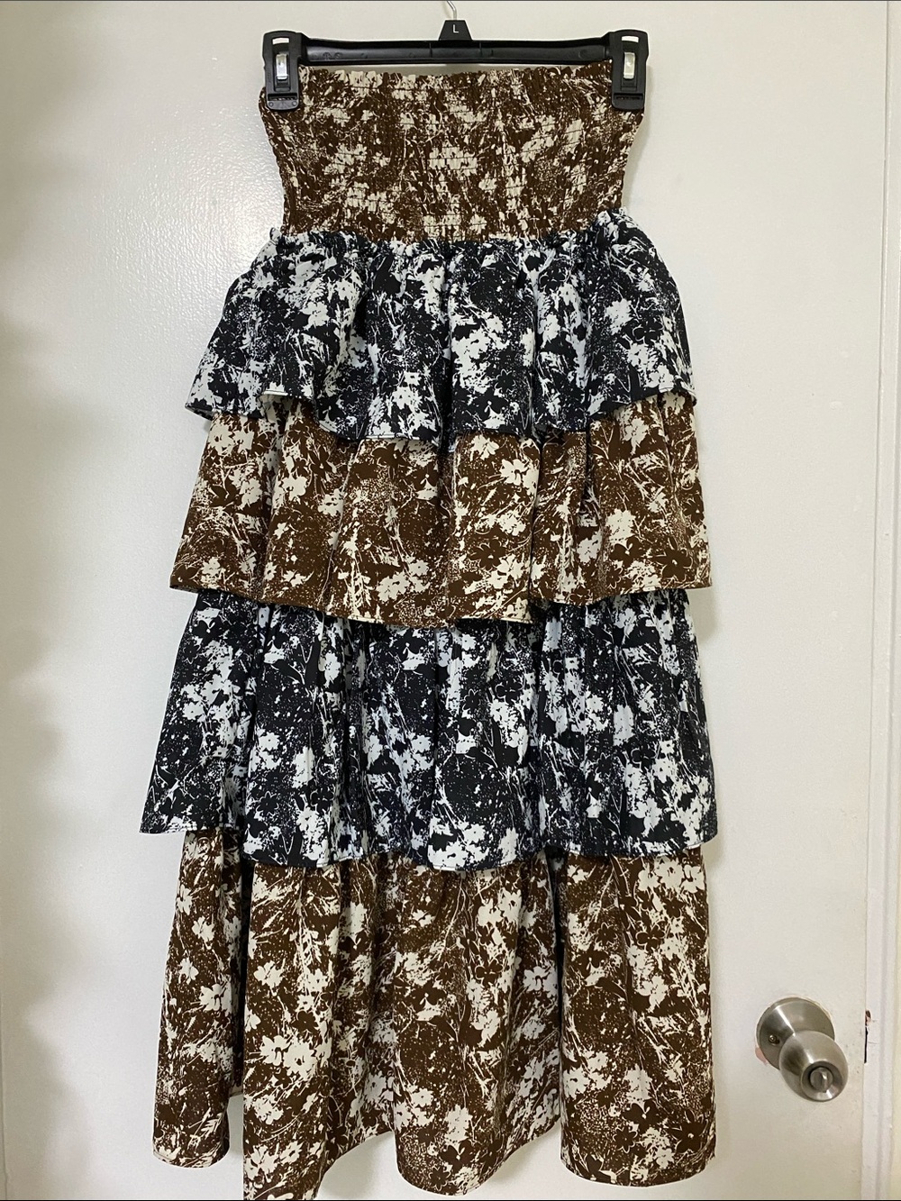 Tiered Smocked Maxi Skirt in Brown and Black Splatter